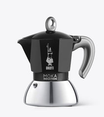 Black and silver moka pot with Bialetti logo on a white background
