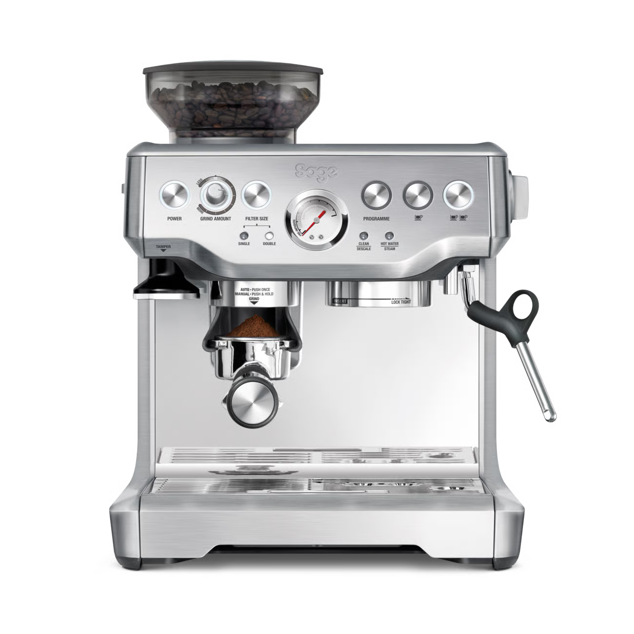 Silver Sage Barista express espresso machine with a white background