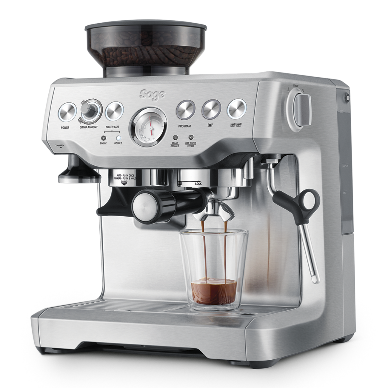 Sage espresso machine with a glass of coffee on a white background