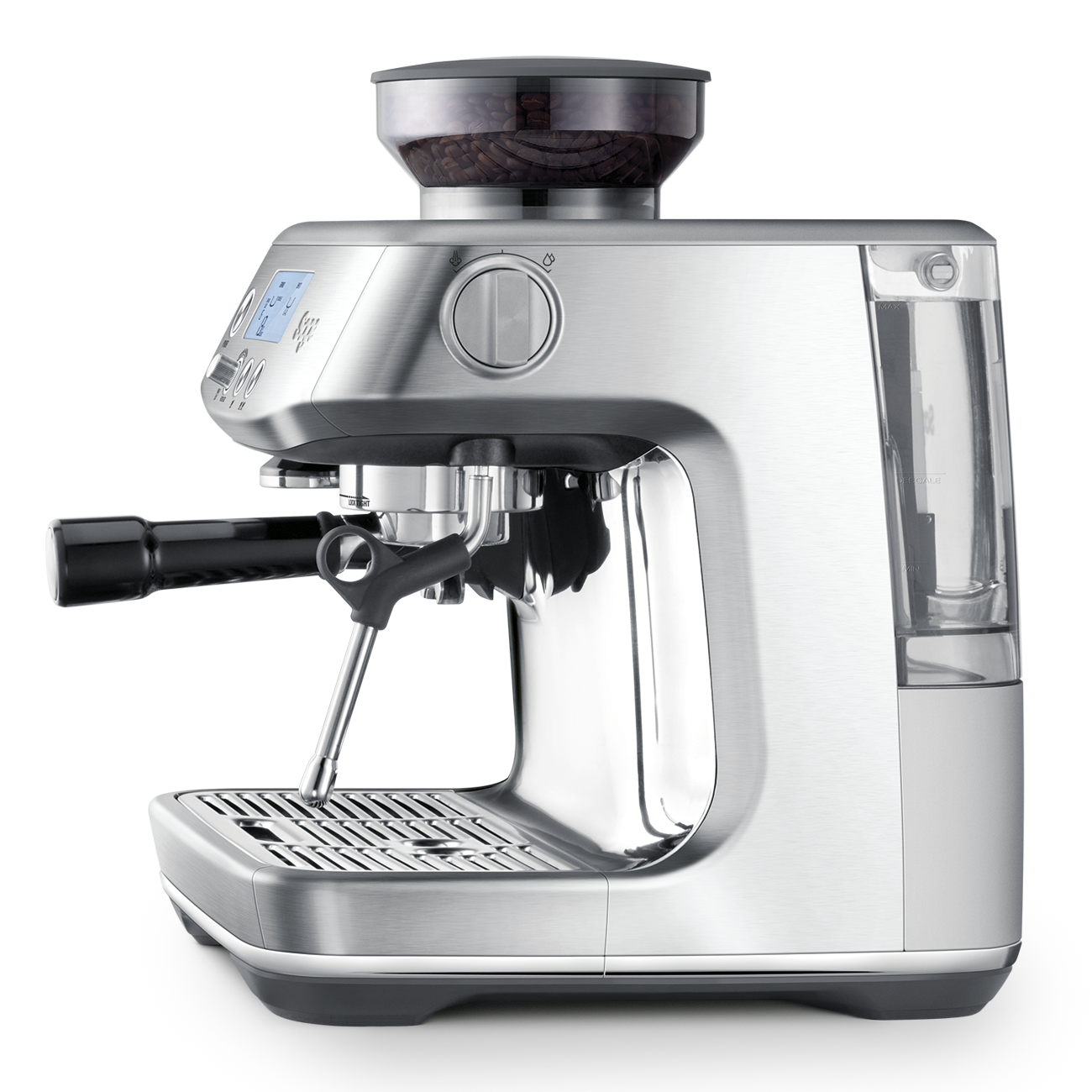 Sage silver espresso machine on a white background