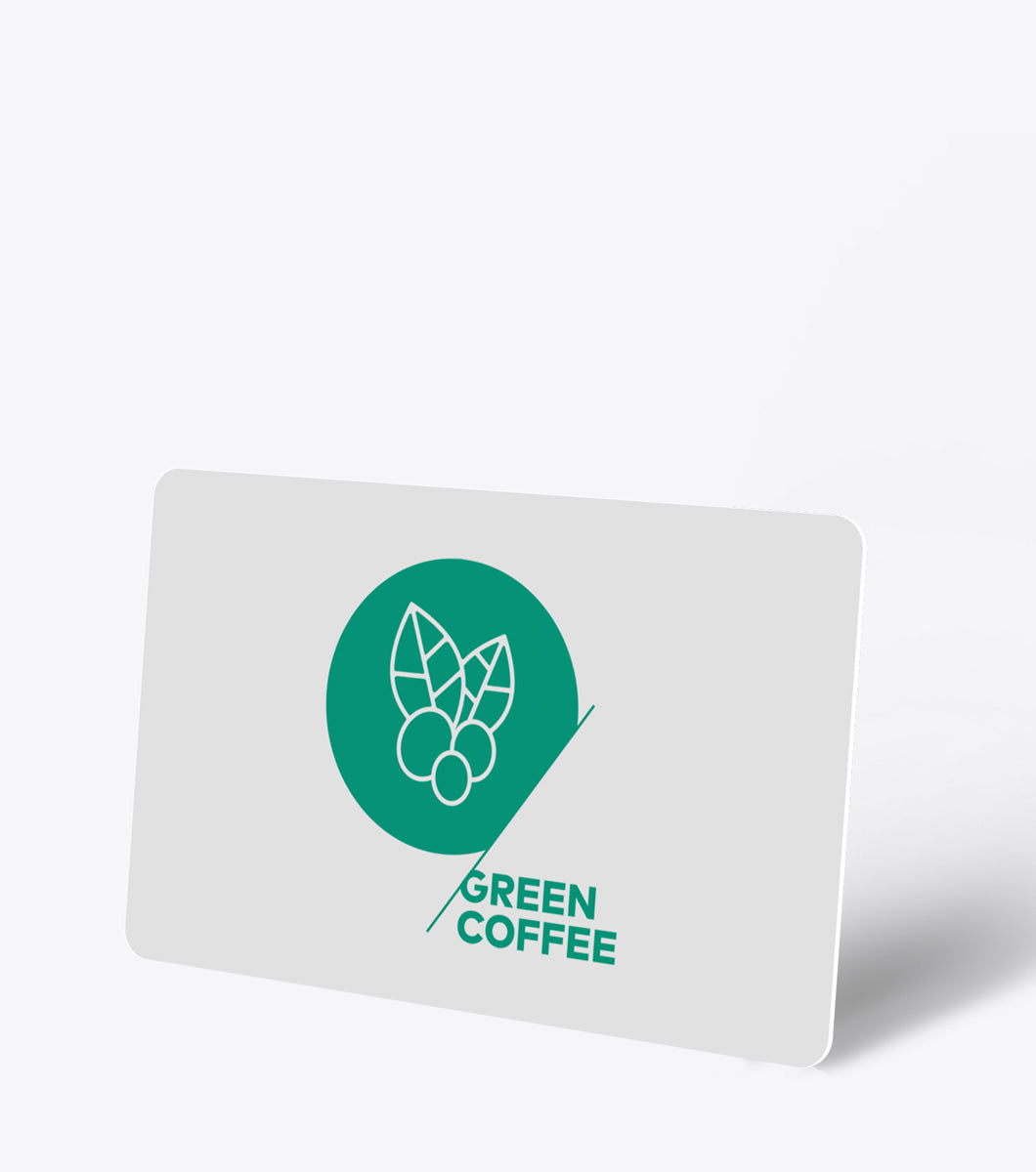 Card with green coffee logo and text on a white background