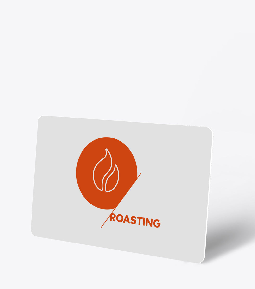White card with an orange circle and leaf design, labeled 'Roasting', on a white background