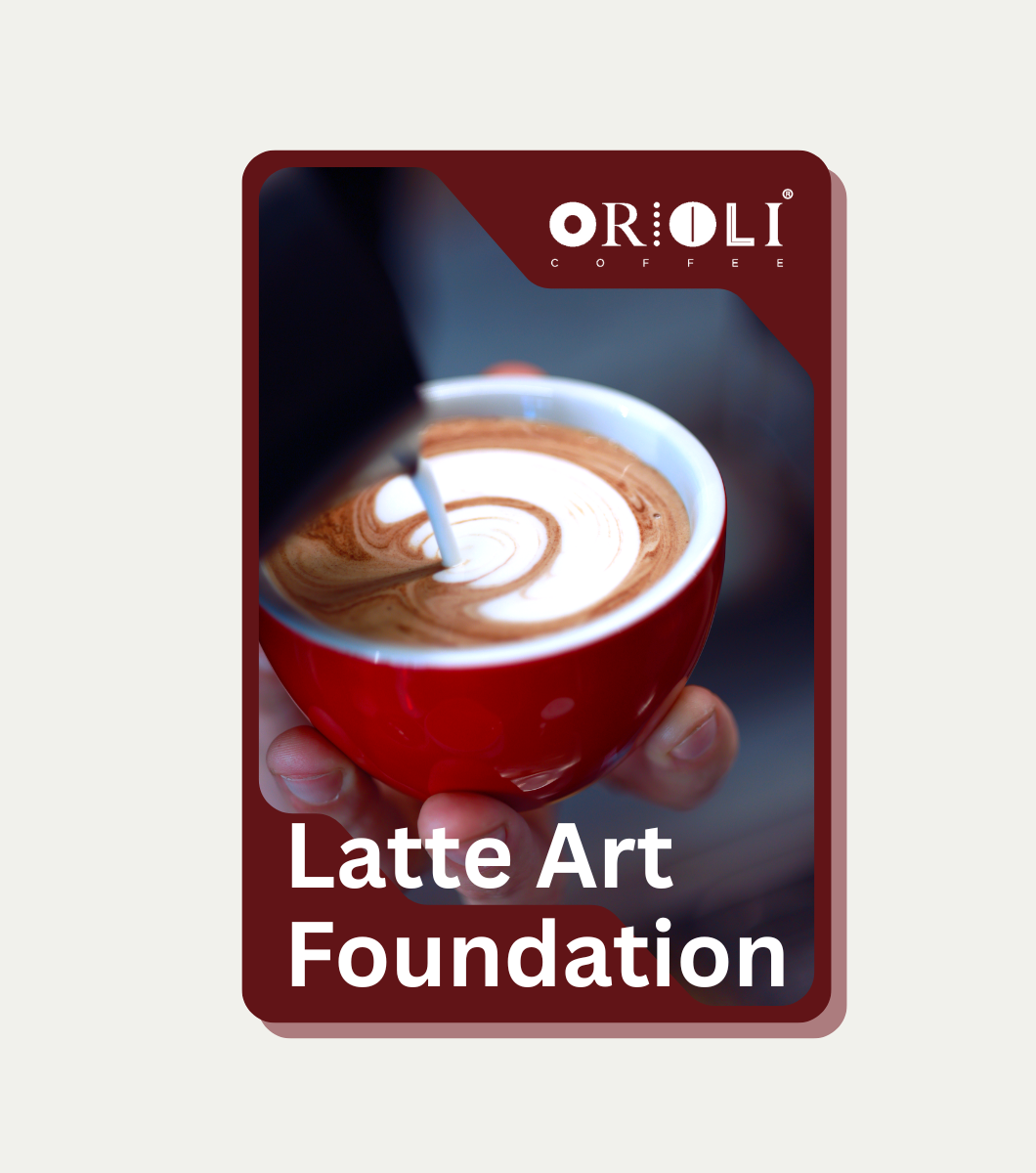 Oroli card for Latte Art Foundation with a red cup of coffee and latte art.